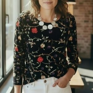 Vintage Austin Reed Embroidered Top Women's Size M Colorful Flowers Detailed